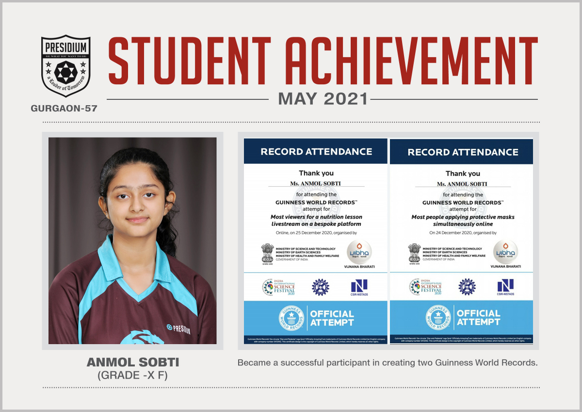 Presidium Gurgaon-57, ANMOL SOBTI MAKES IT TO THE GUINNESS WORLD RECORDS!